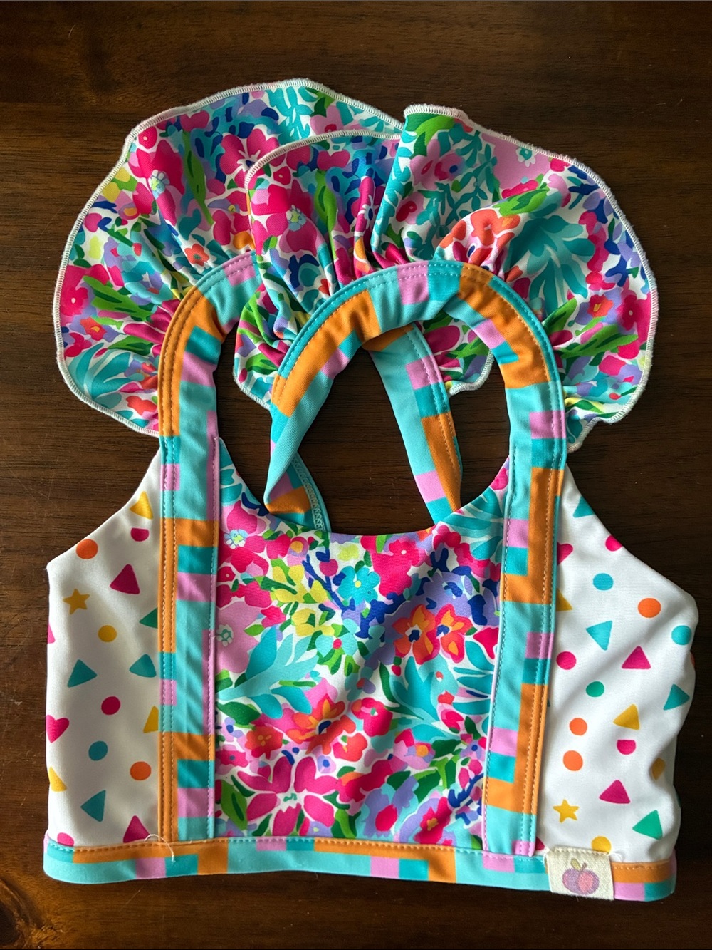 Ruffle Swim Top — Floral and Multicolor Shapes